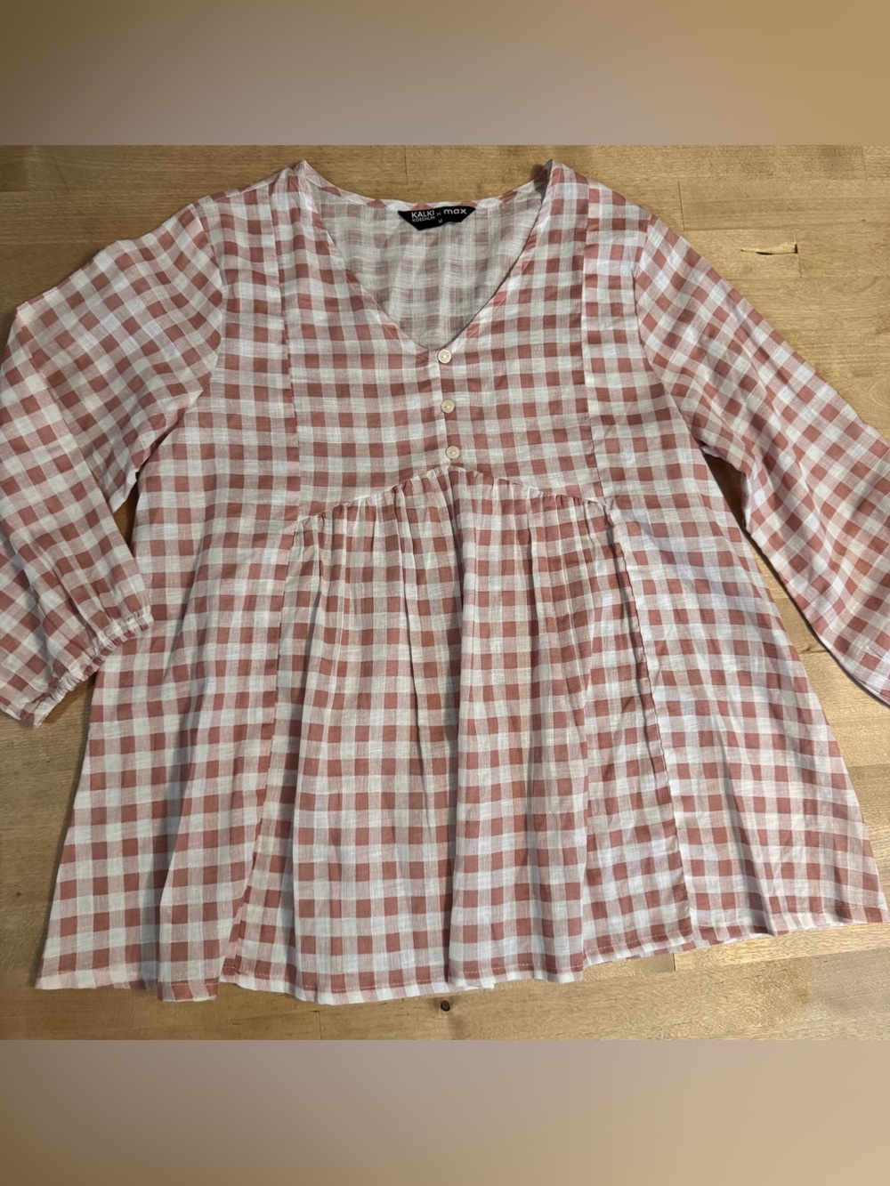 NWOT Kalki Koechlin x Max Gingham Peplum Tunic in Dusty Rose & White